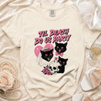 Cream t-shirt with "Til Death Do Us Party" text and black cats, skull, roses.