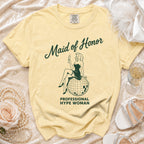 Yellow t-shirt with "Maid of Honor" and "Professional Hype Woman" text.