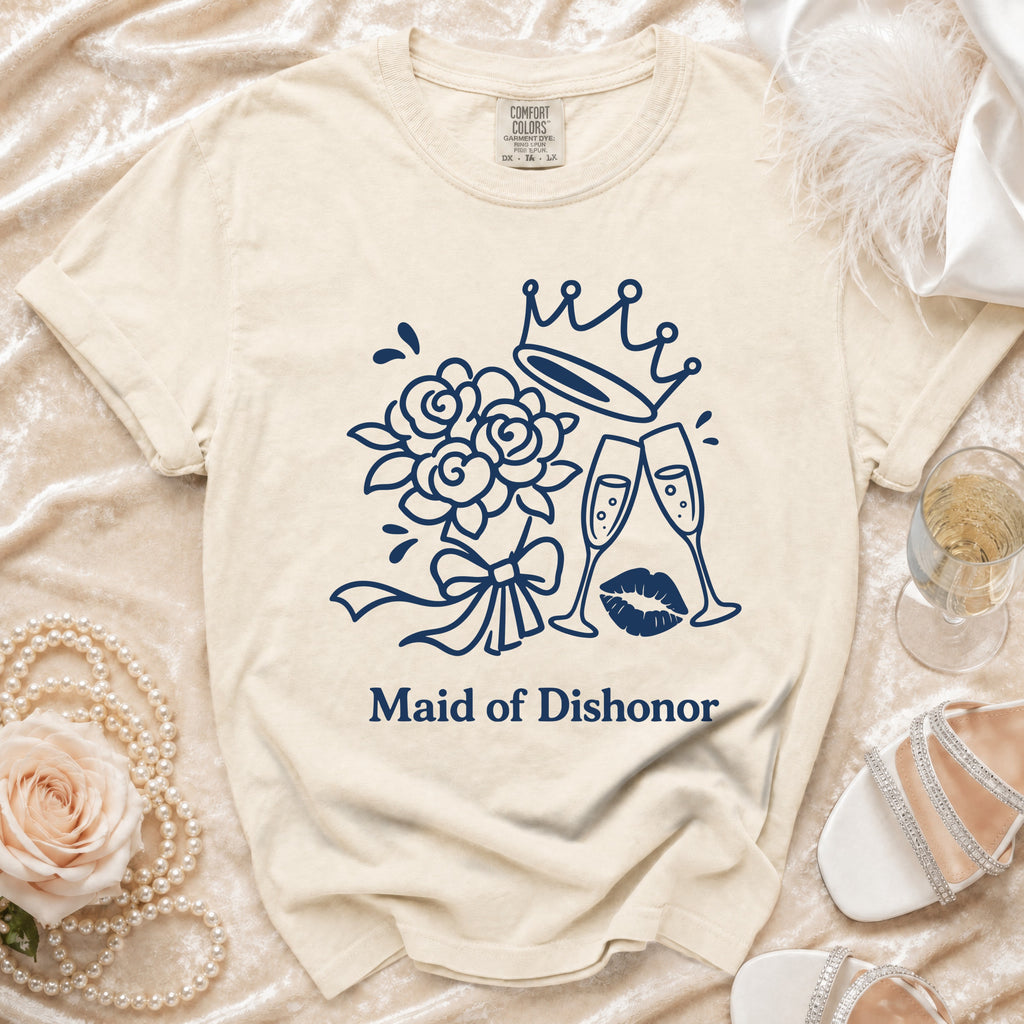 Cream t-shirt with navy blue graphic and "Maid of Dishonor" text.