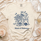 Cream t-shirt with navy blue graphic and "Maid of Dishonor" text.