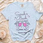 Light blue t-shirt with "Sarah's Bach Malibu, Ca Summer 2026" graphic.