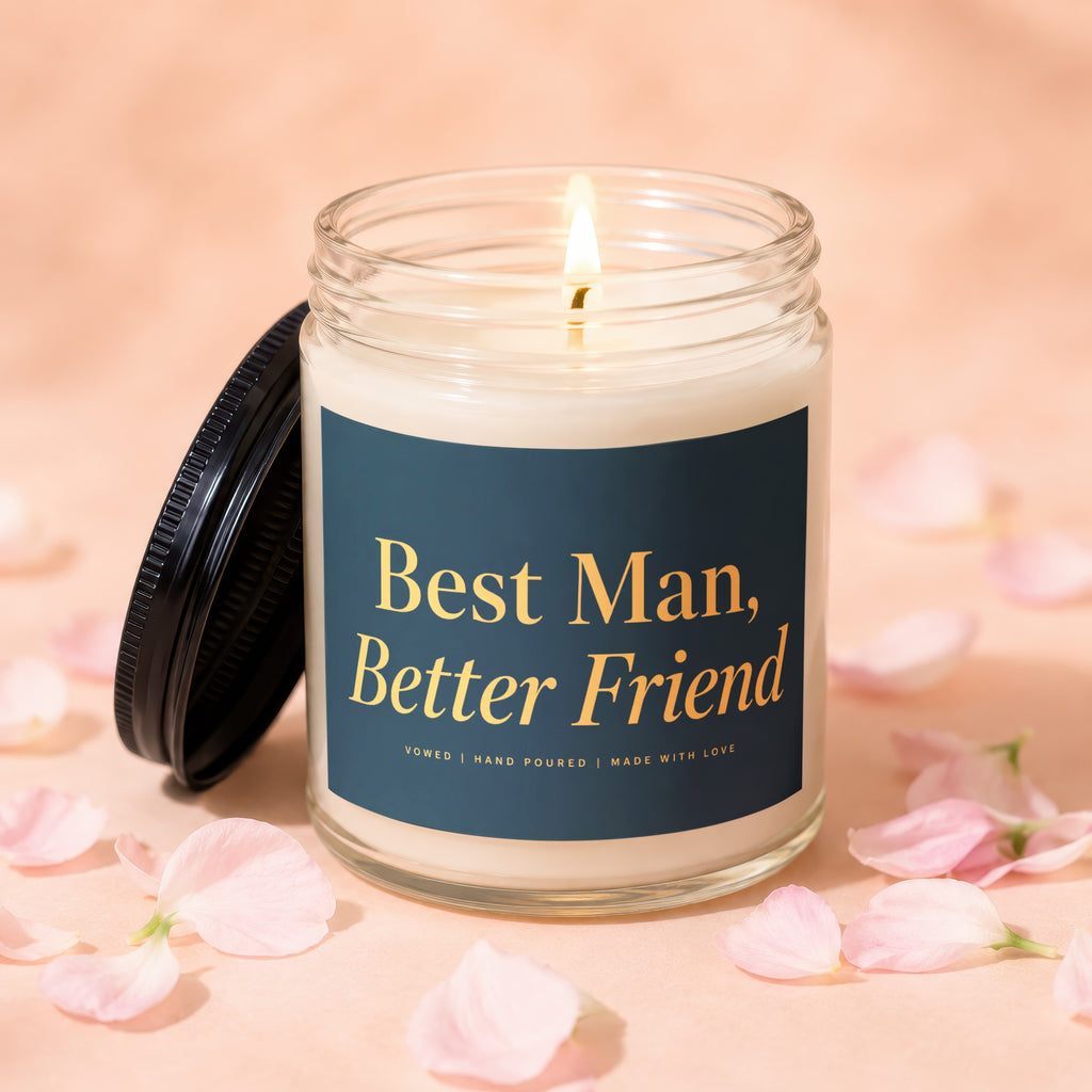 Glass jar candle lit with flame, featuring text "Best Man, Better Friend".