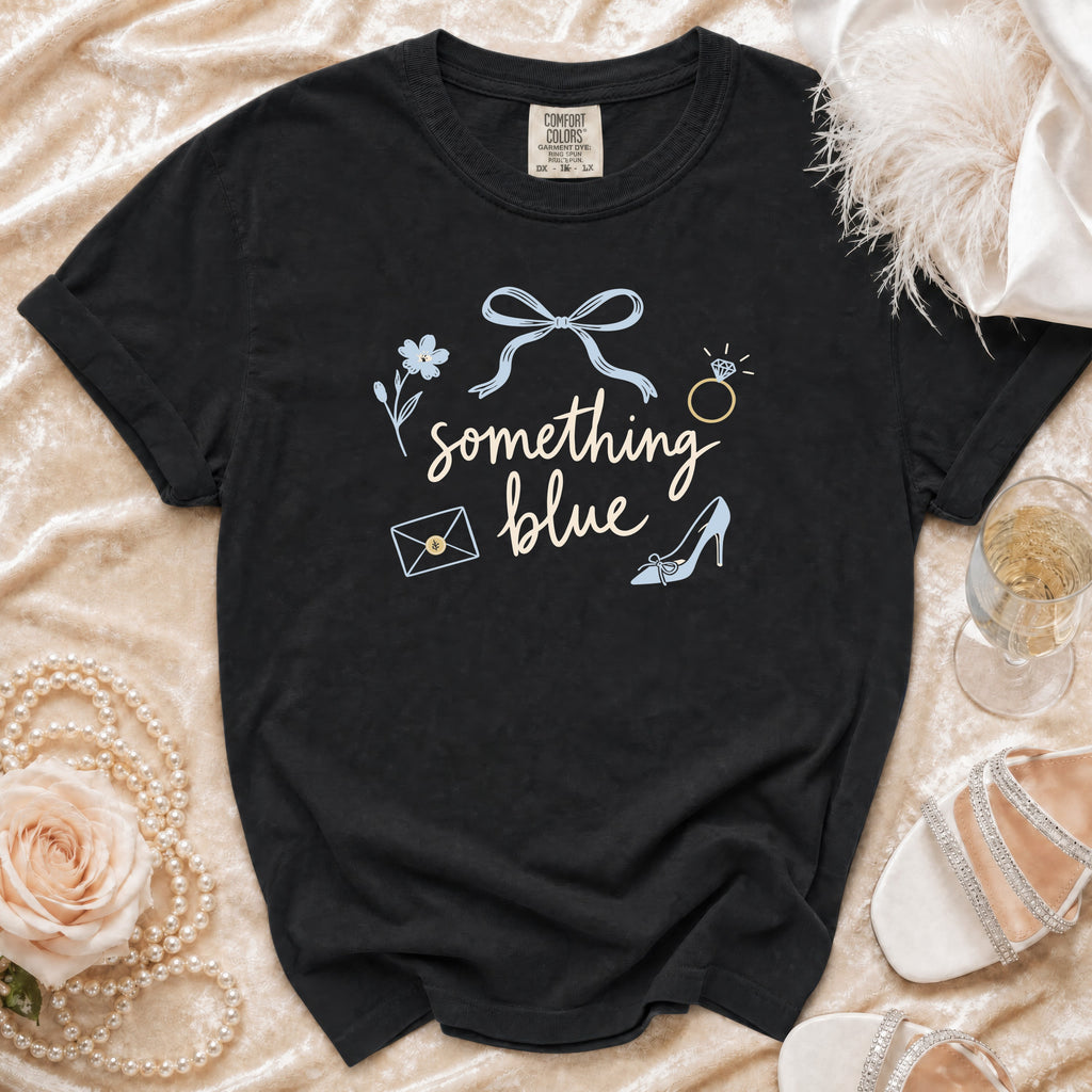 Black t-shirt with "something blue" text and wedding icons.