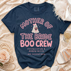 Navy t-shirt with pink text "Mother of the Bride Boo Crew" and a ghost graphic.