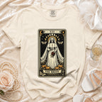 Cream t-shirt with tarot card design of skeleton bride captioned "THE BRIDE."