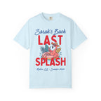 Light blue t-shirt with "Sarah's Bach Last Splash" text and a flamingo float.