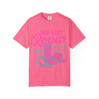 Pink t-shirt with "Her Last Rodeo" text, cowboy hat, and boots design.