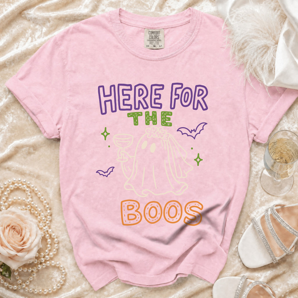 Pink Comfort Colors t-shirt with "HERE FOR THE BOOS" text and ghost graphic.