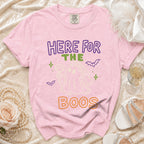Pink Comfort Colors t-shirt with "HERE FOR THE BOOS" text and ghost graphic.