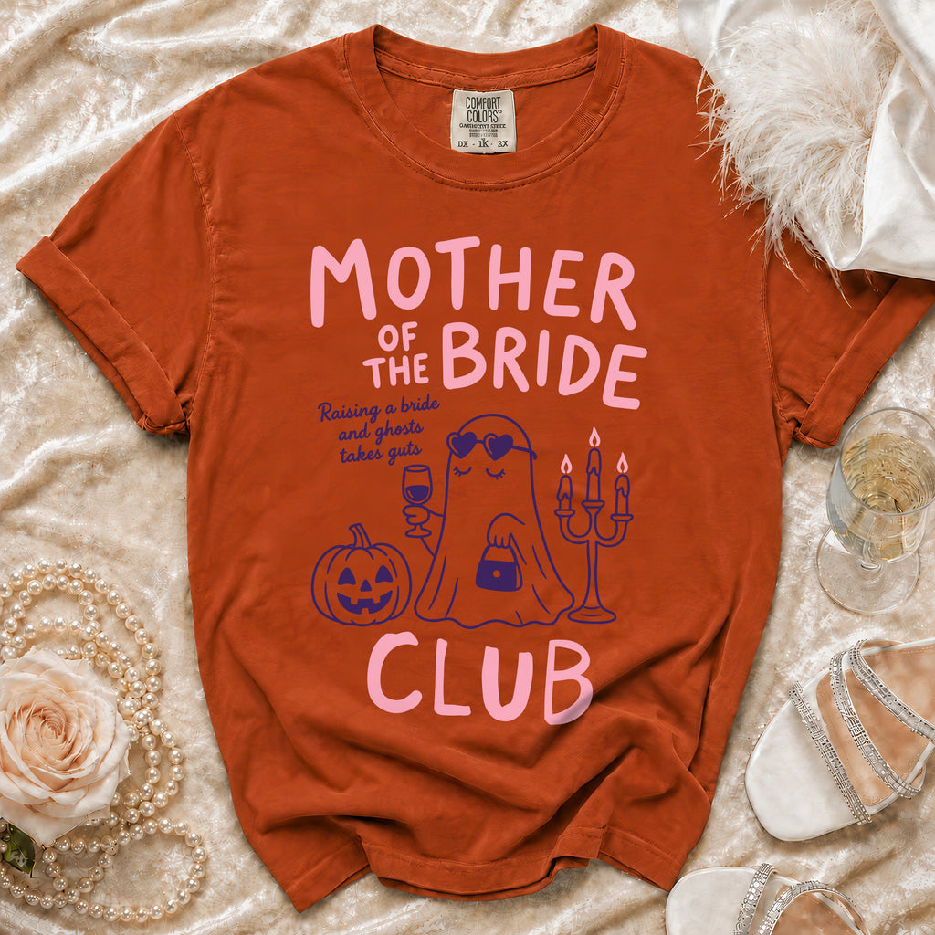 Orange t-shirt with "Mother of the Bride Club" graphic and ghost.