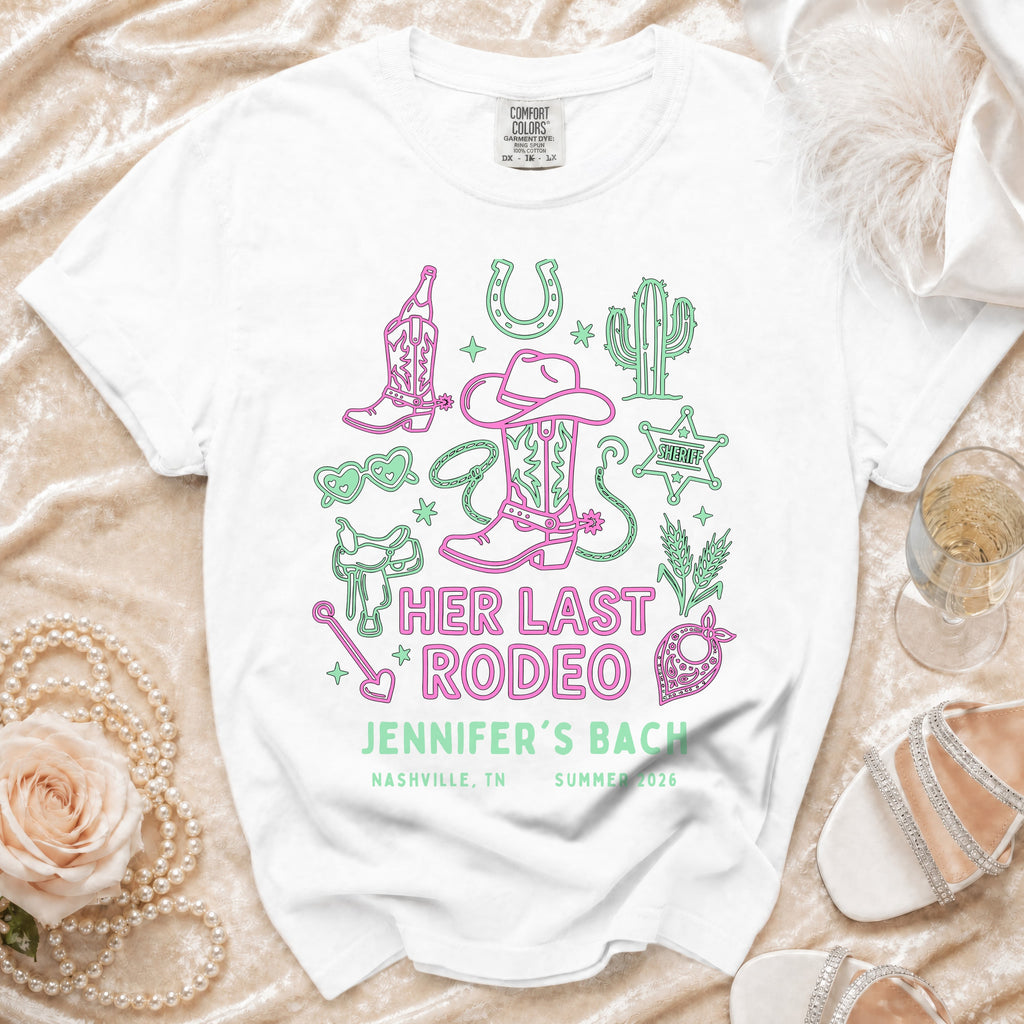 White t-shirt for Jennifer's Bach Nashville, TN Summer 2026 with rodeo graphics.