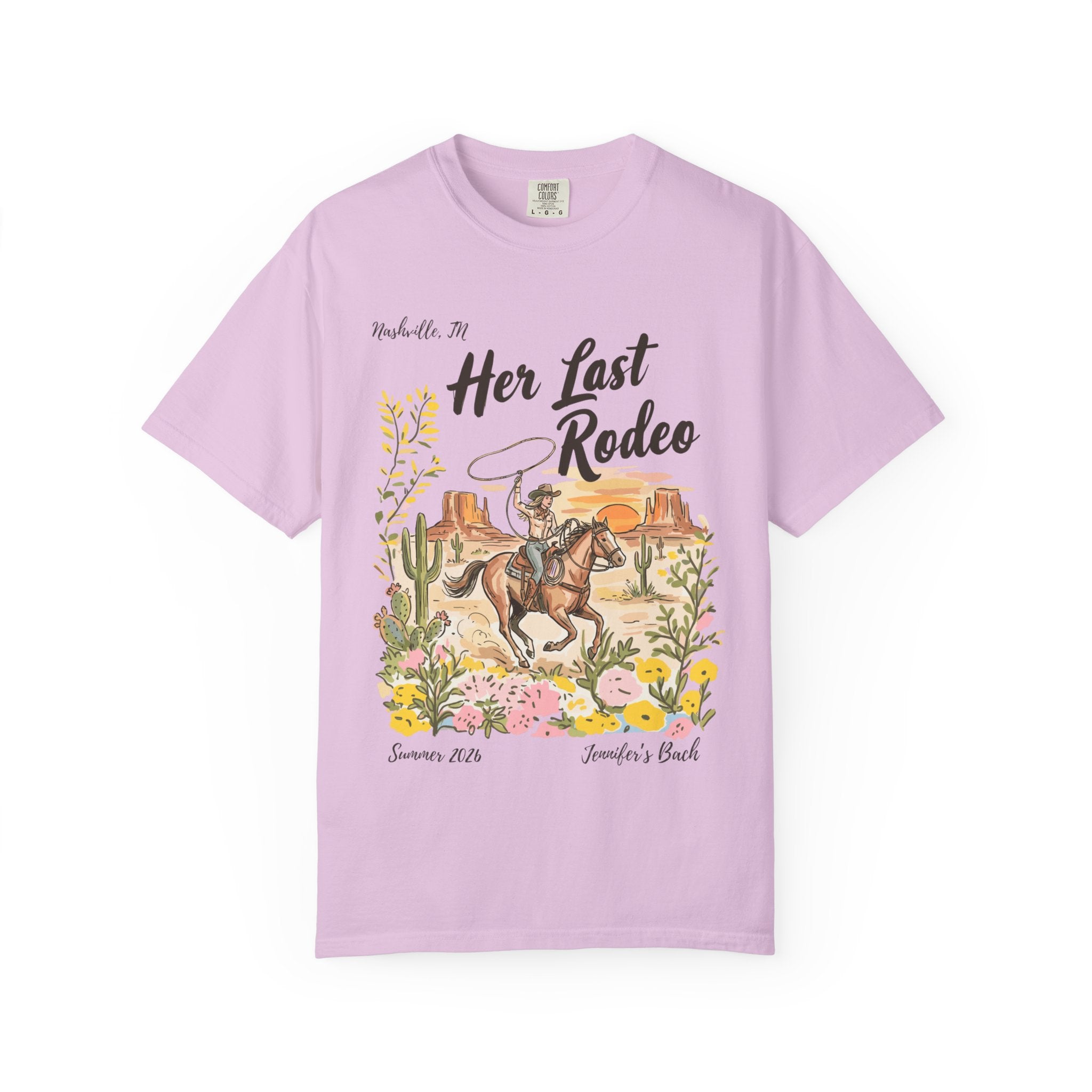 T-shirt graphic with "Her Last Rodeo" text, cowboy on horse, desert scene.