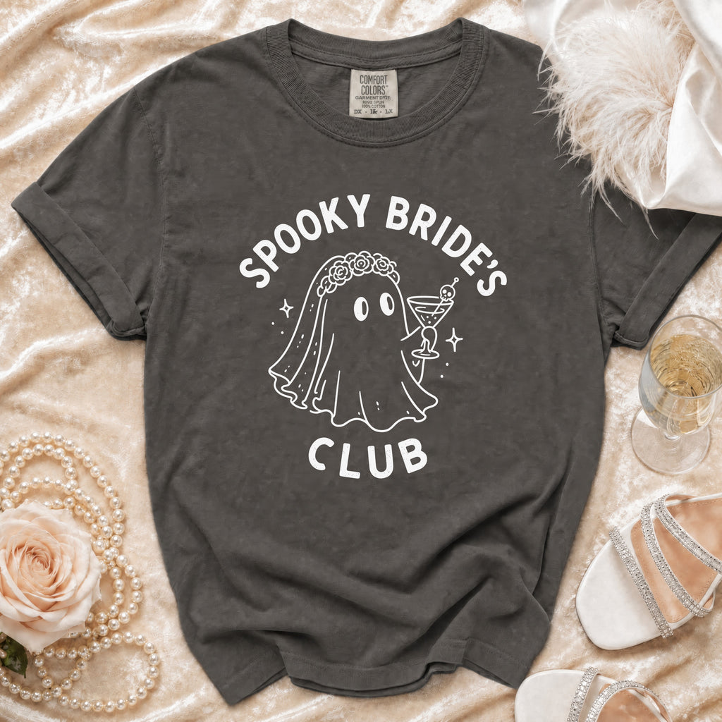 Dark grey t-shirt with white "Spooky Bride's Club" text and ghost graphic.