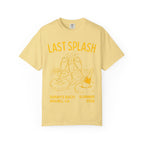 Yellow t-shirt with "Last Splash Sarah's Bach Malibu Summer 2026" text and champagne glasses.
