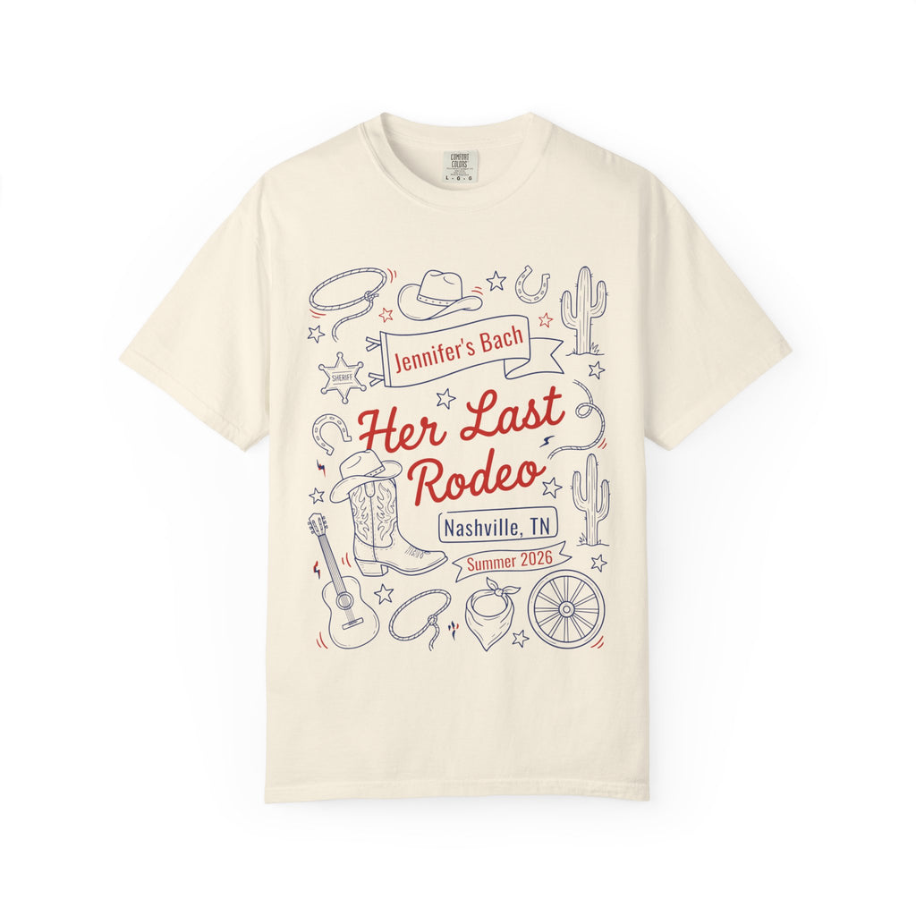 Cream t-shirt with "Jennifer's Bach Her Last Rodeo Nashville, TN Summer 2026" in red and blue.