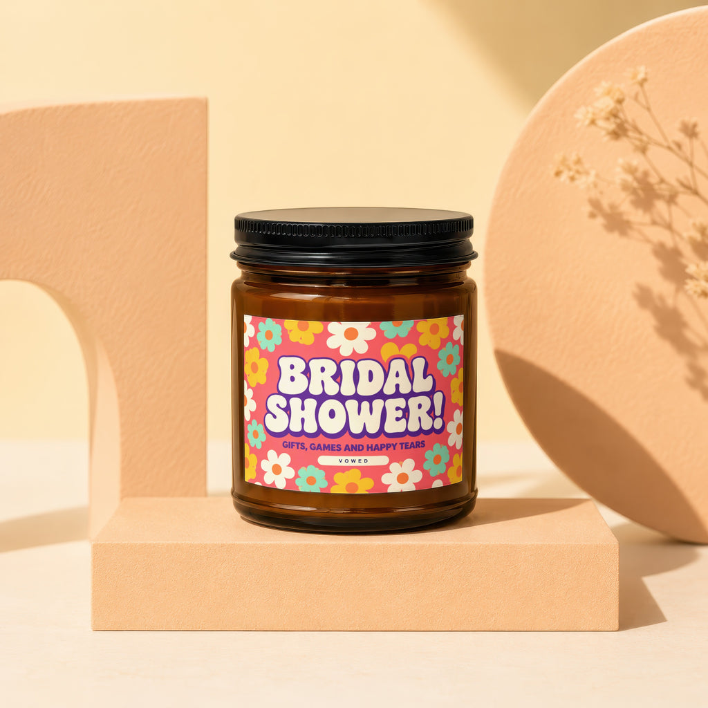 Amber jar candle with "Bridal Shower! Gifts, Games and Happy Tears" label.