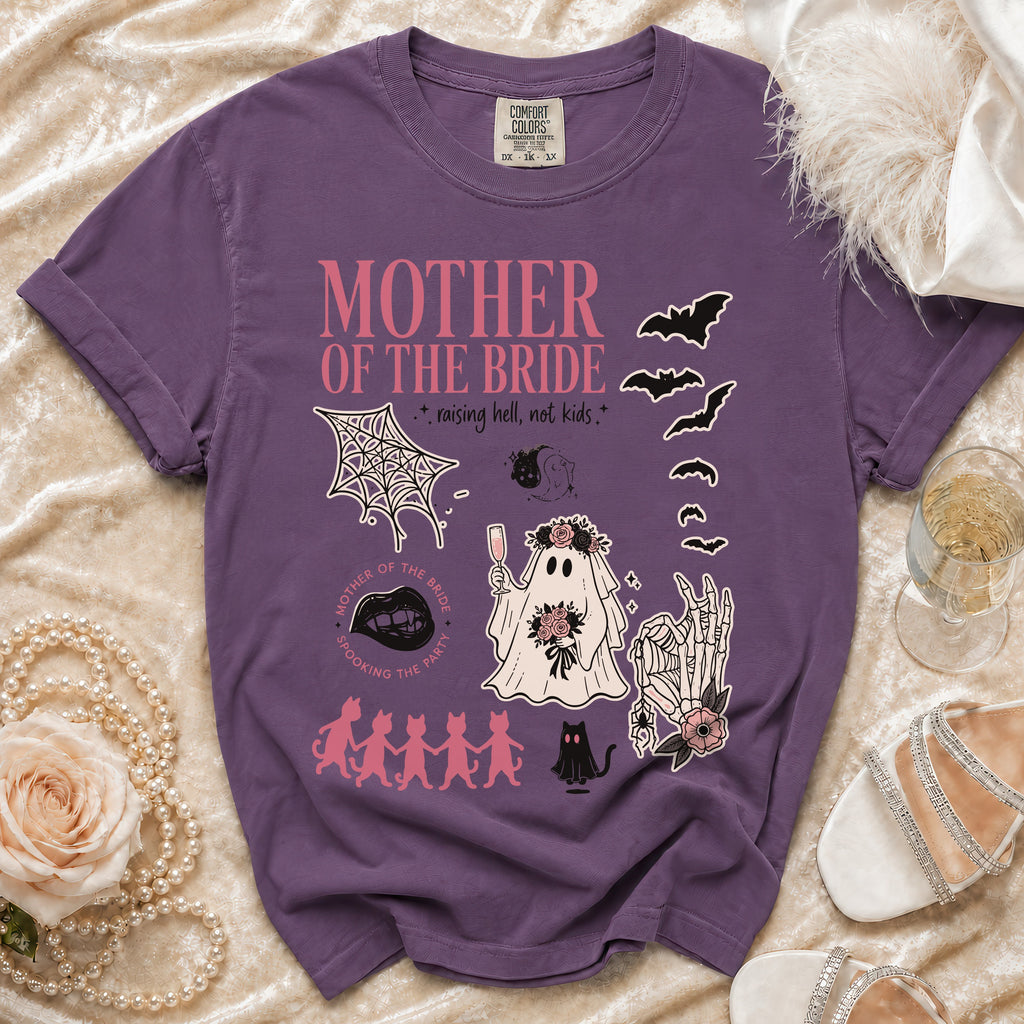 Purple t-shirt with "Mother of the Bride" text and spooky graphics.