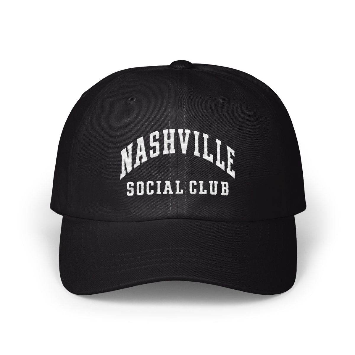 A black baseball cap featuring white embroidered text that reads NASHVILLE SOCIAL CLUB.