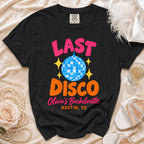 Black t-shirt with "LAST DISCO Olivia's Bachelorette Austin, TX" design.