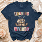 Navy t-shirt with raccoons in wedding attire and text "MARRIED my favorite WEIRDO".