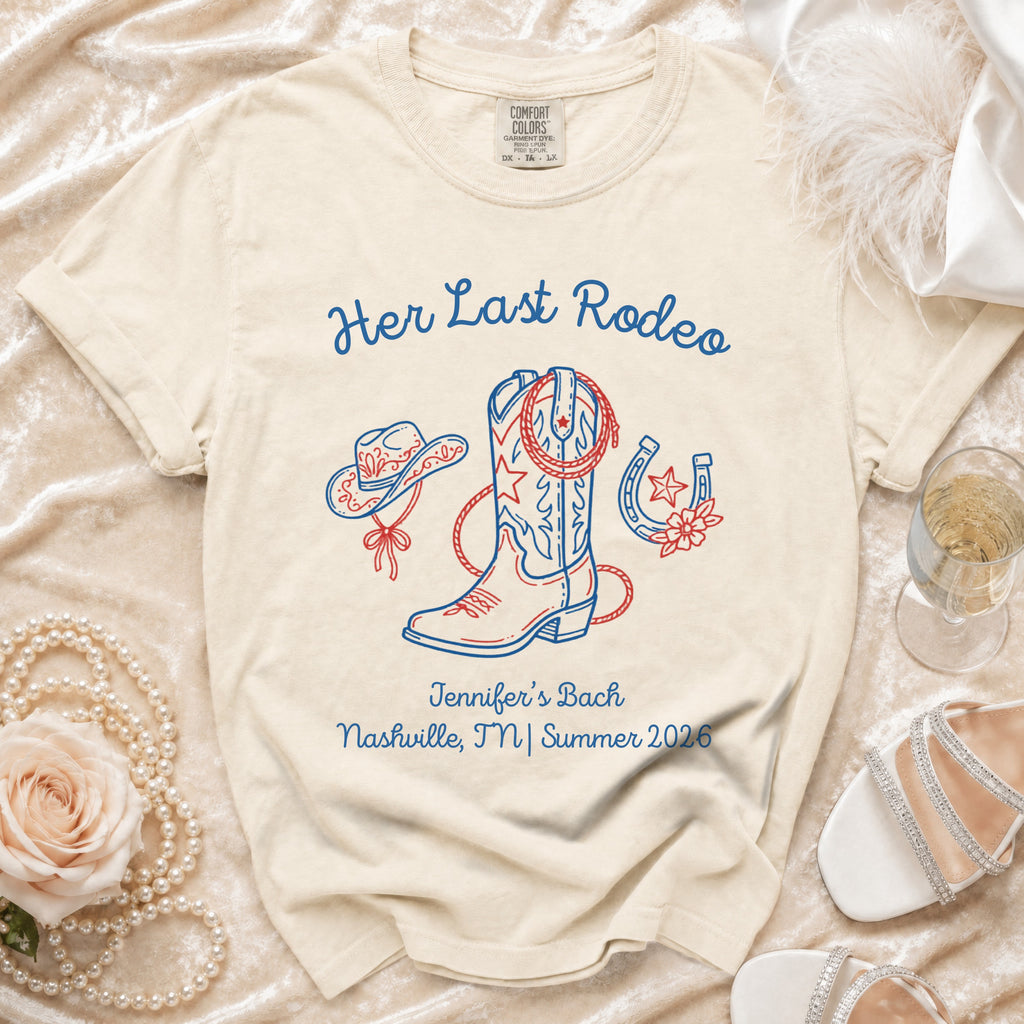 "Her Last Rodeo" t-shirt with cowboy boot, hat, and horseshoe, for Jennifer's Bach Nashville, TN Summer 2026.