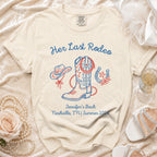 "Her Last Rodeo" t-shirt with cowboy boot, hat, and horseshoe, for Jennifer's Bach Nashville, TN Summer 2026.