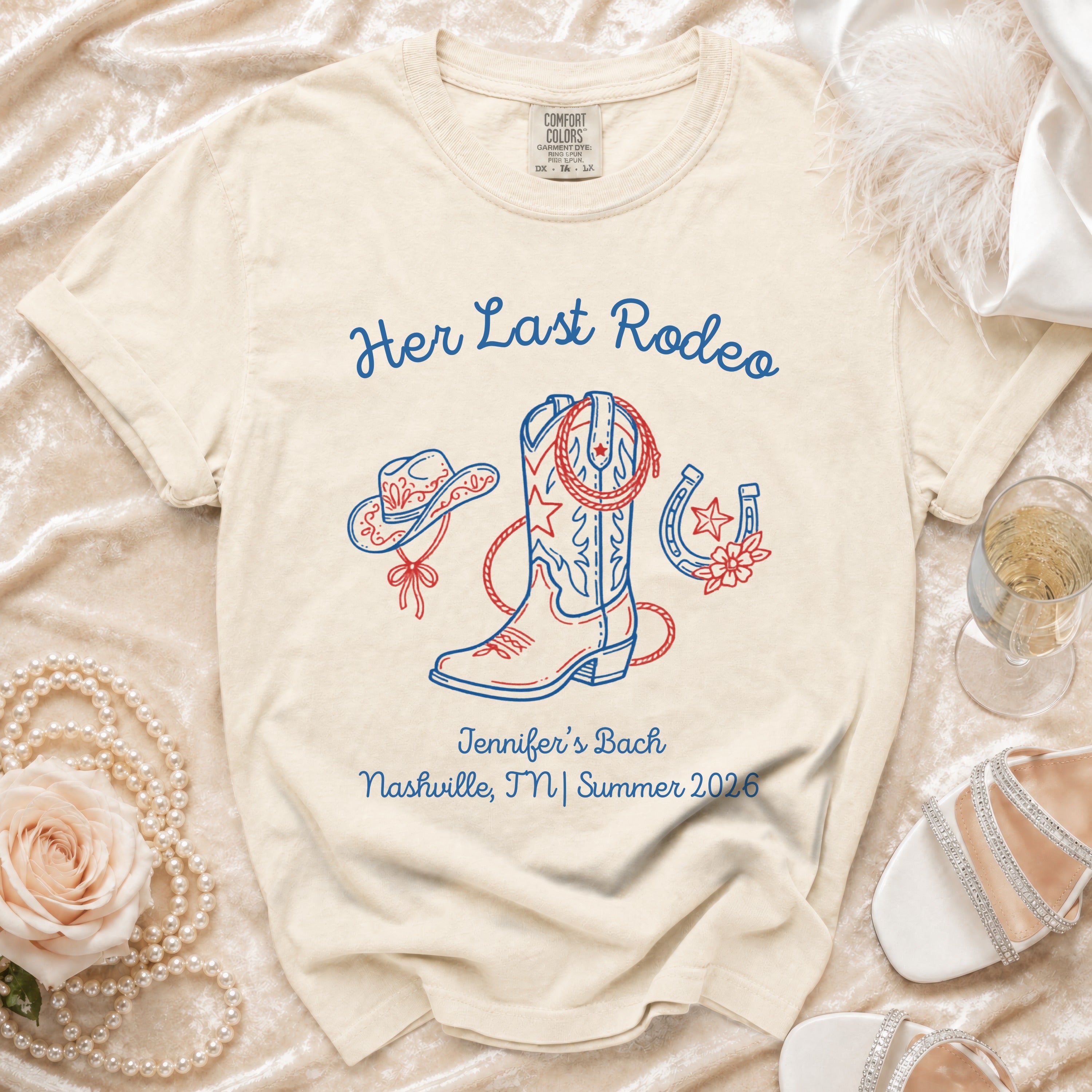 "Her Last Rodeo" t-shirt with cowboy boot, hat, and horseshoe, for Jennifer's Bach Nashville, TN Summer 2026.