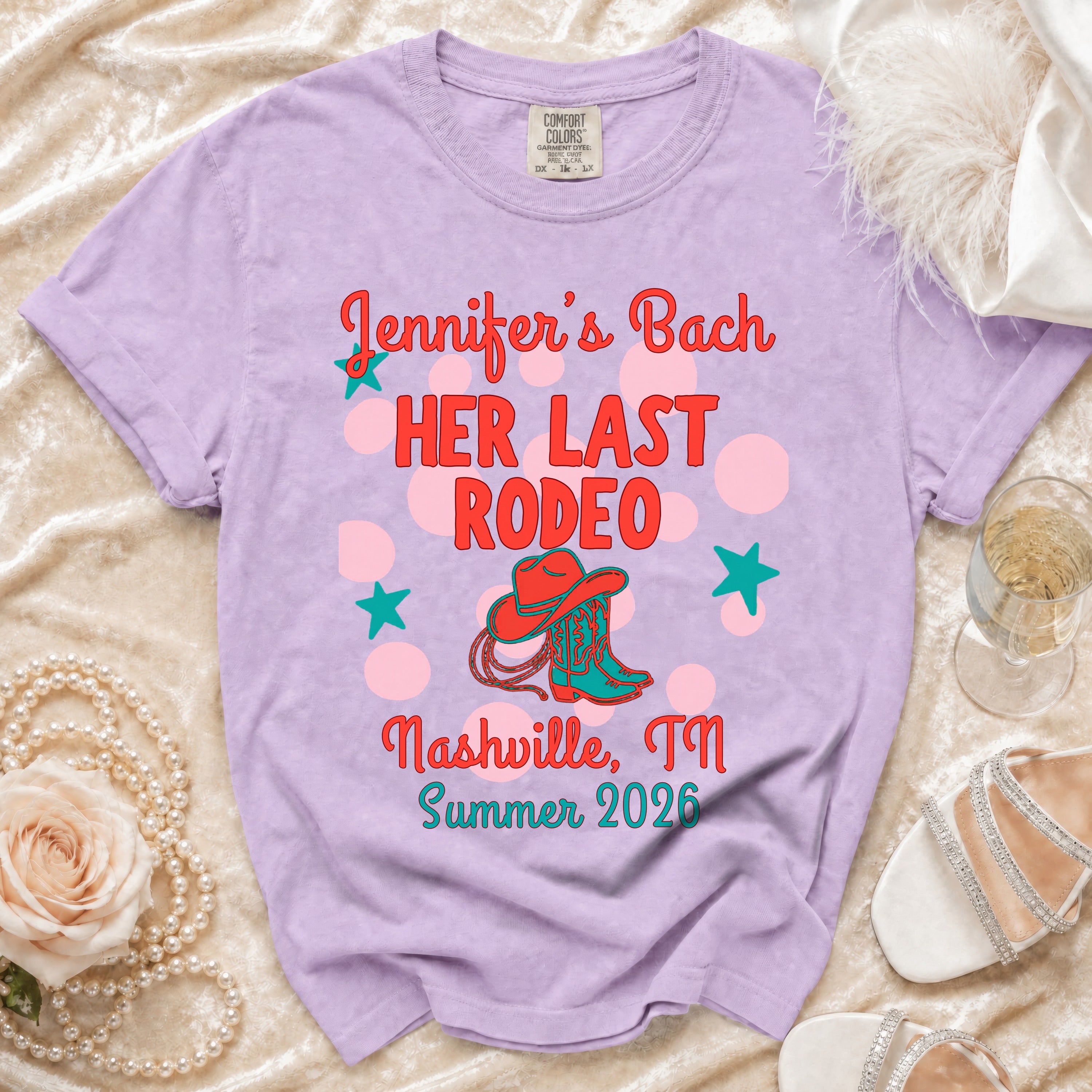 Lavender t-shirt with "Jennifer's Bach HER LAST RODEO Nashville, TN Summer 2026" text.