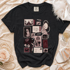 Black t-shirt with gothic wedding-themed collage print and text.