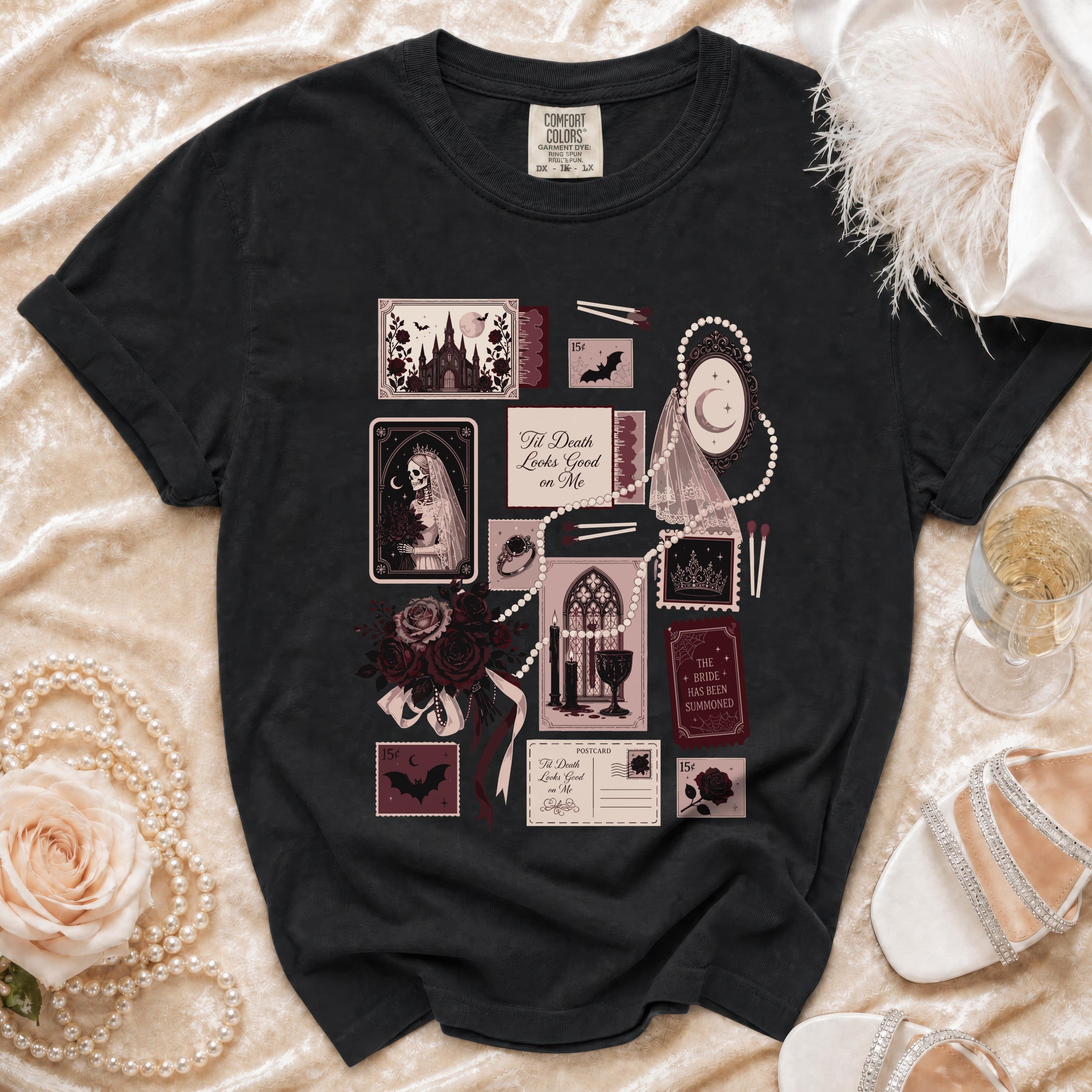 Black t-shirt with gothic wedding-themed collage print and text.