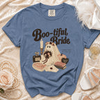 Blue Comfort Colors t-shirt with "Boo-tiful Bride" ghost graphic and wedding-themed accessories.