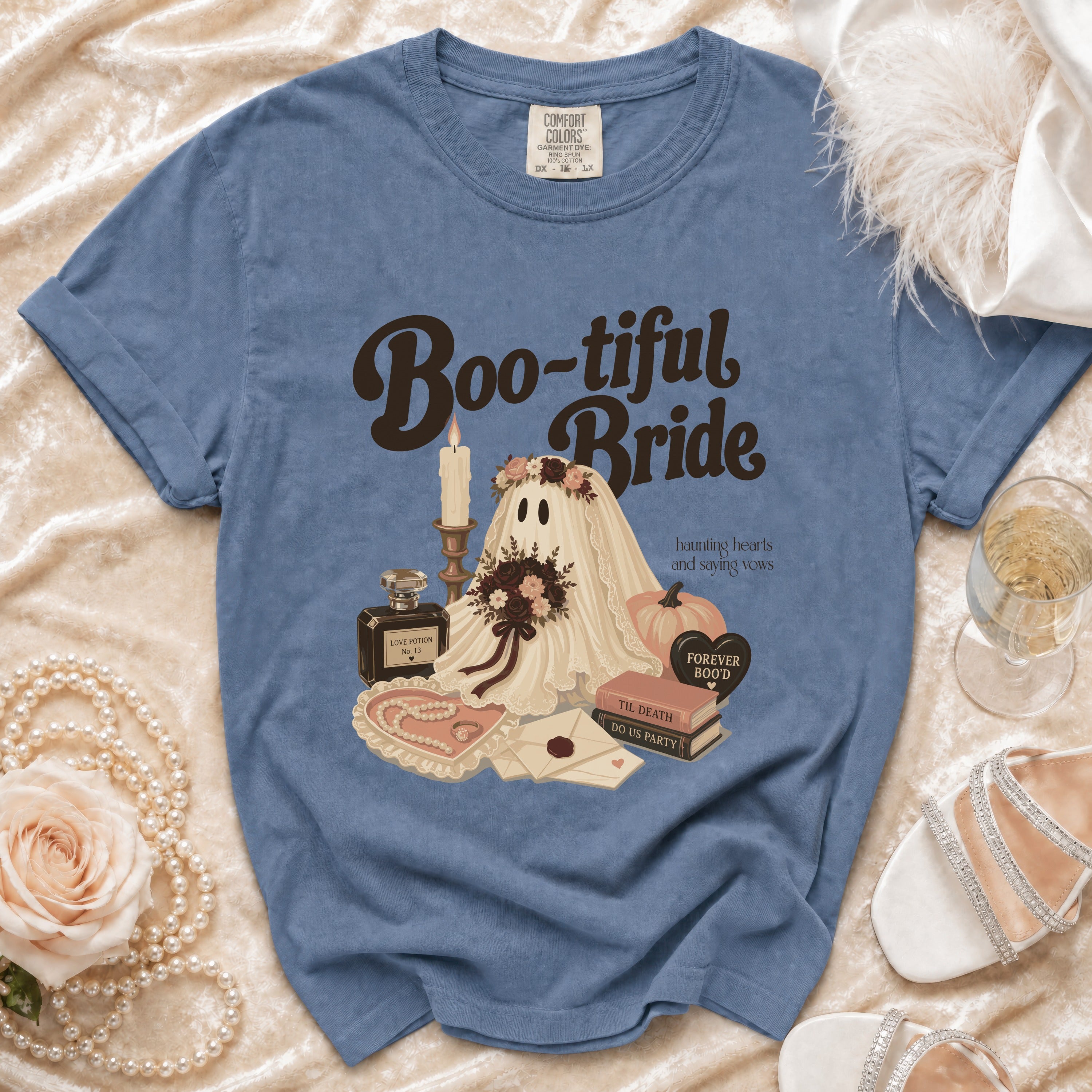 Blue Comfort Colors t-shirt with "Boo-tiful Bride" ghost graphic and wedding-themed accessories.