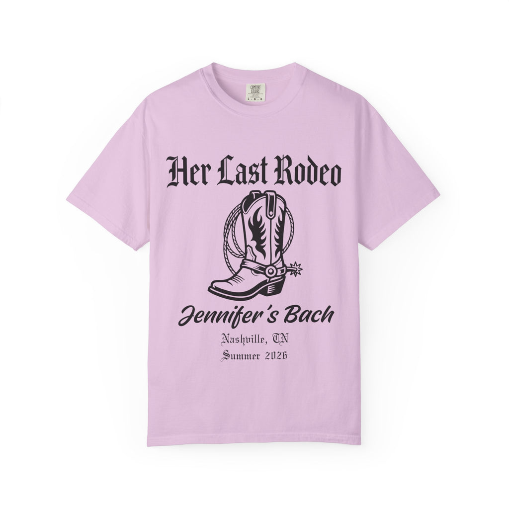 Pink t-shirt with "Her Last Rodeo" text, cowboy boot, and event details.