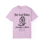 Pink t-shirt with "Her Last Rodeo" text, cowboy boot, and event details.