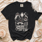 Black t-shirt with "Something Wicked Said I Do" gothic wedding graphic.