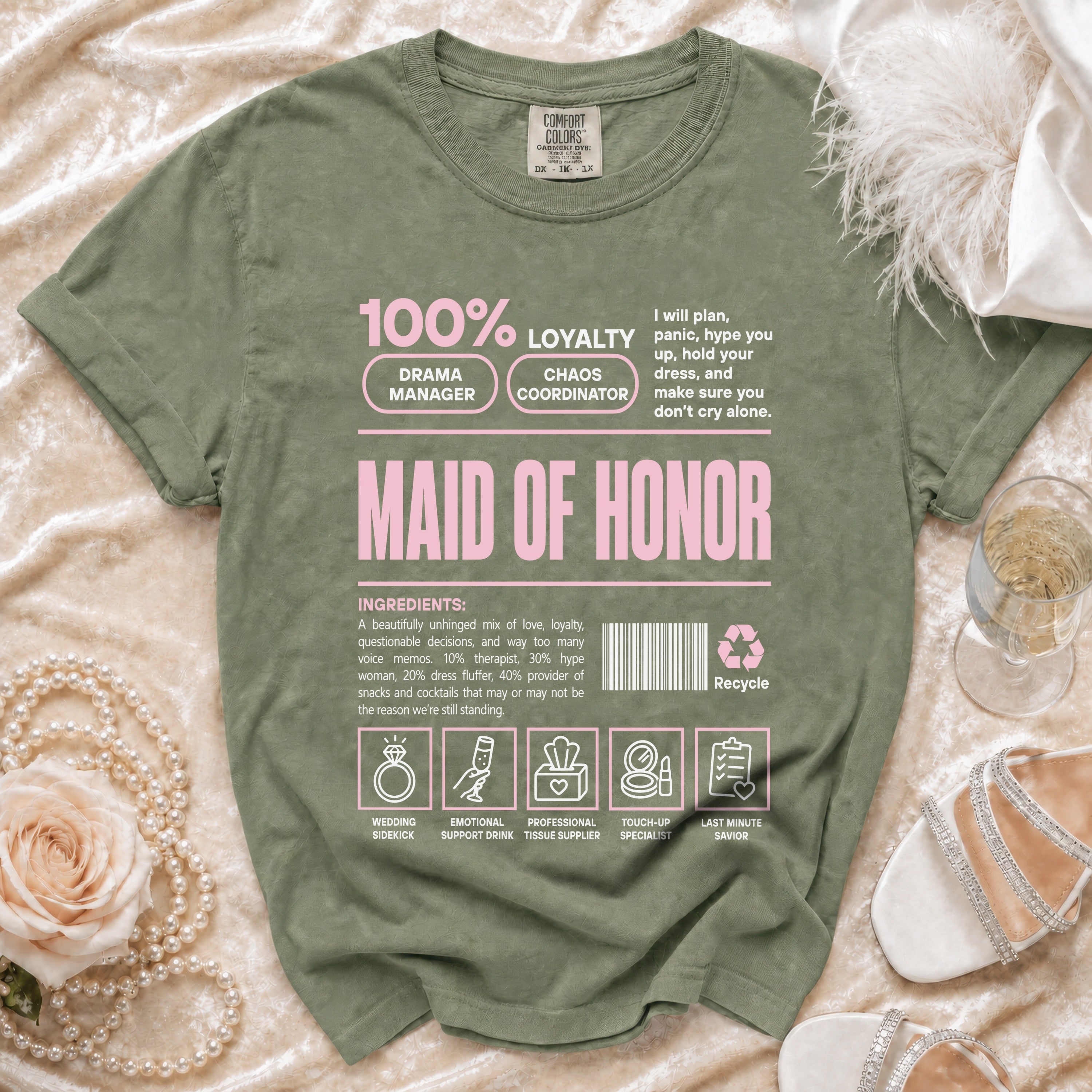 Green t-shirt with "Maid of Honor" text, ingredients, and icons.