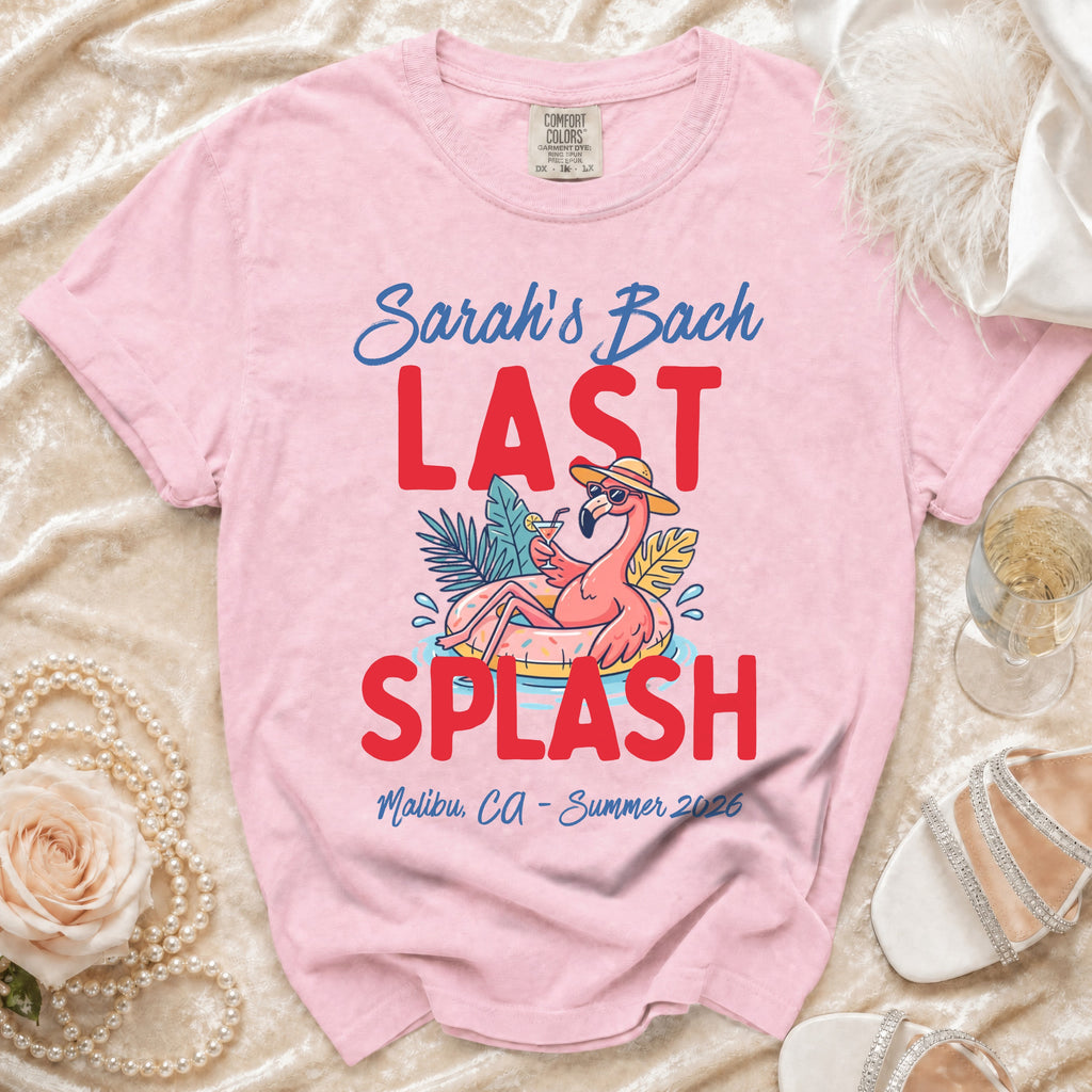 Pink t-shirt with "Sarah's Bach LAST SPLASH" and flamingo graphic.
