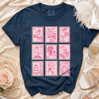 Navy t-shirt with pink stamp graphics of wedding and bachelorette party imagery.