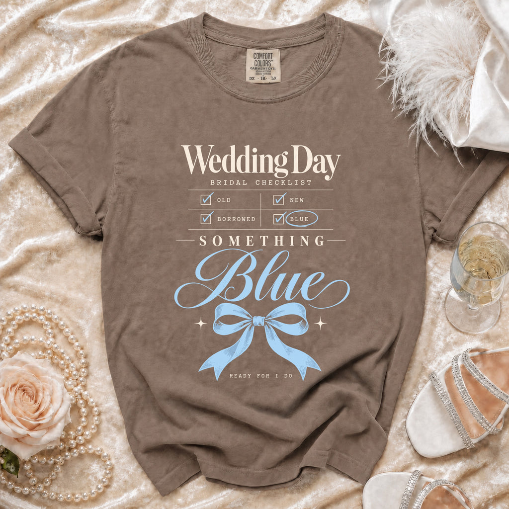 Brown t-shirt with "Wedding Day Bridal Checklist" and "Something Blue" text.
