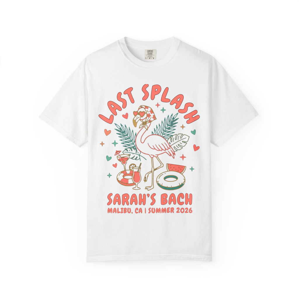 White t-shirt with "LAST SPLASH" flamingo graphic, drinks, and pool float.