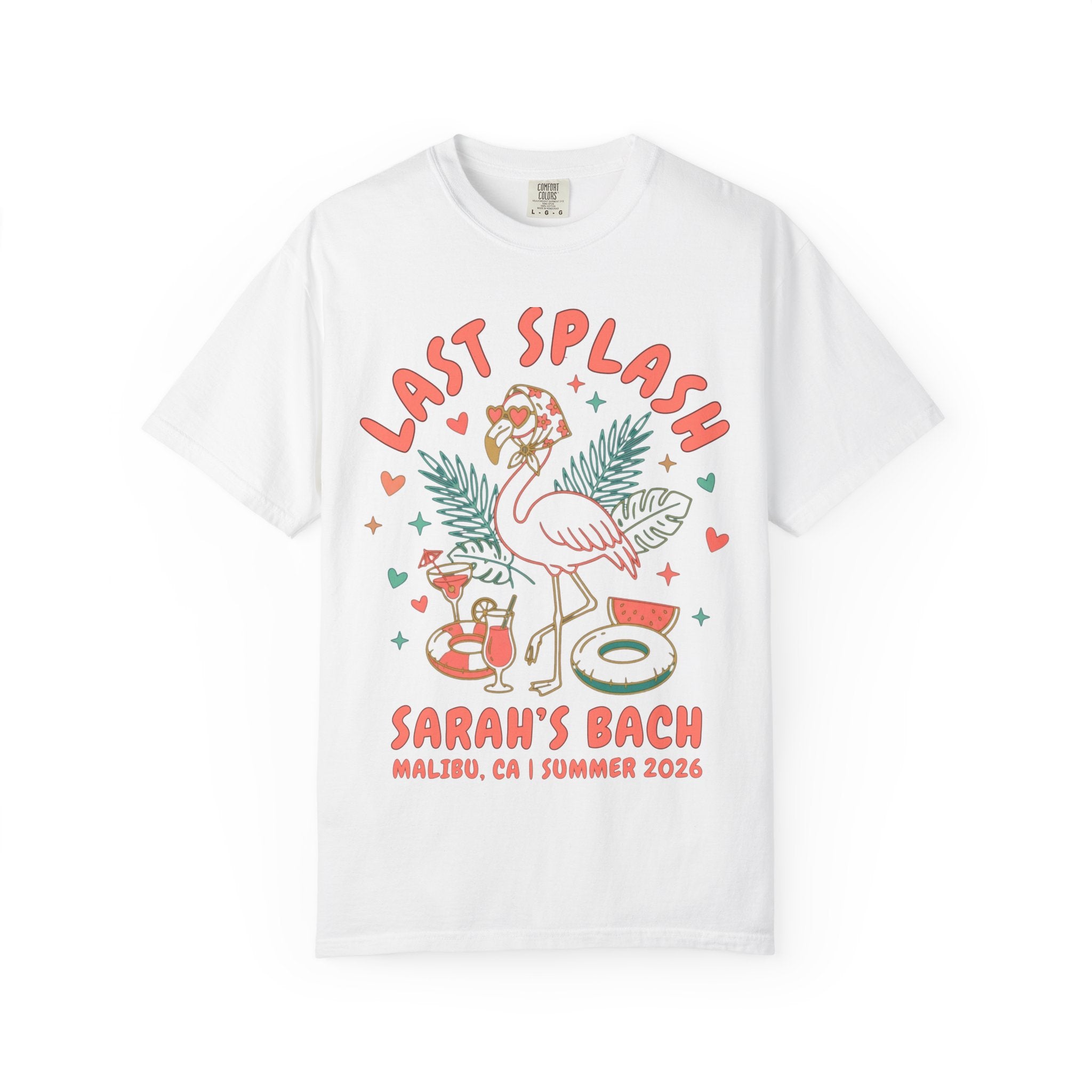White t-shirt with "LAST SPLASH" flamingo graphic, drinks, and pool float.