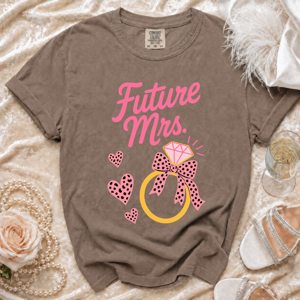 Brown t-shirt with "Future Mrs." text, ring, and hearts graphic.