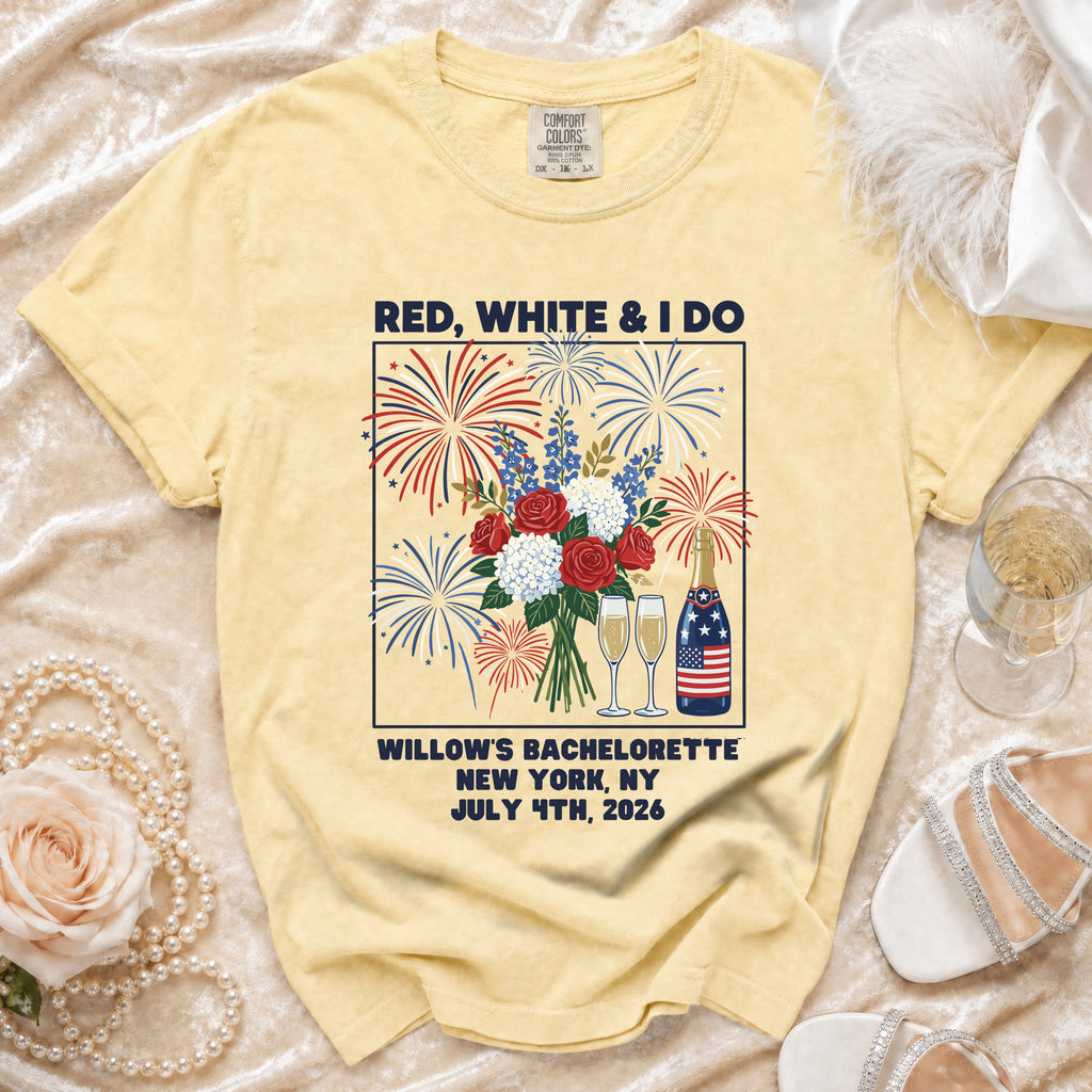 Yellow t-shirt with "Red, White & I Do" and bachelorette party details.