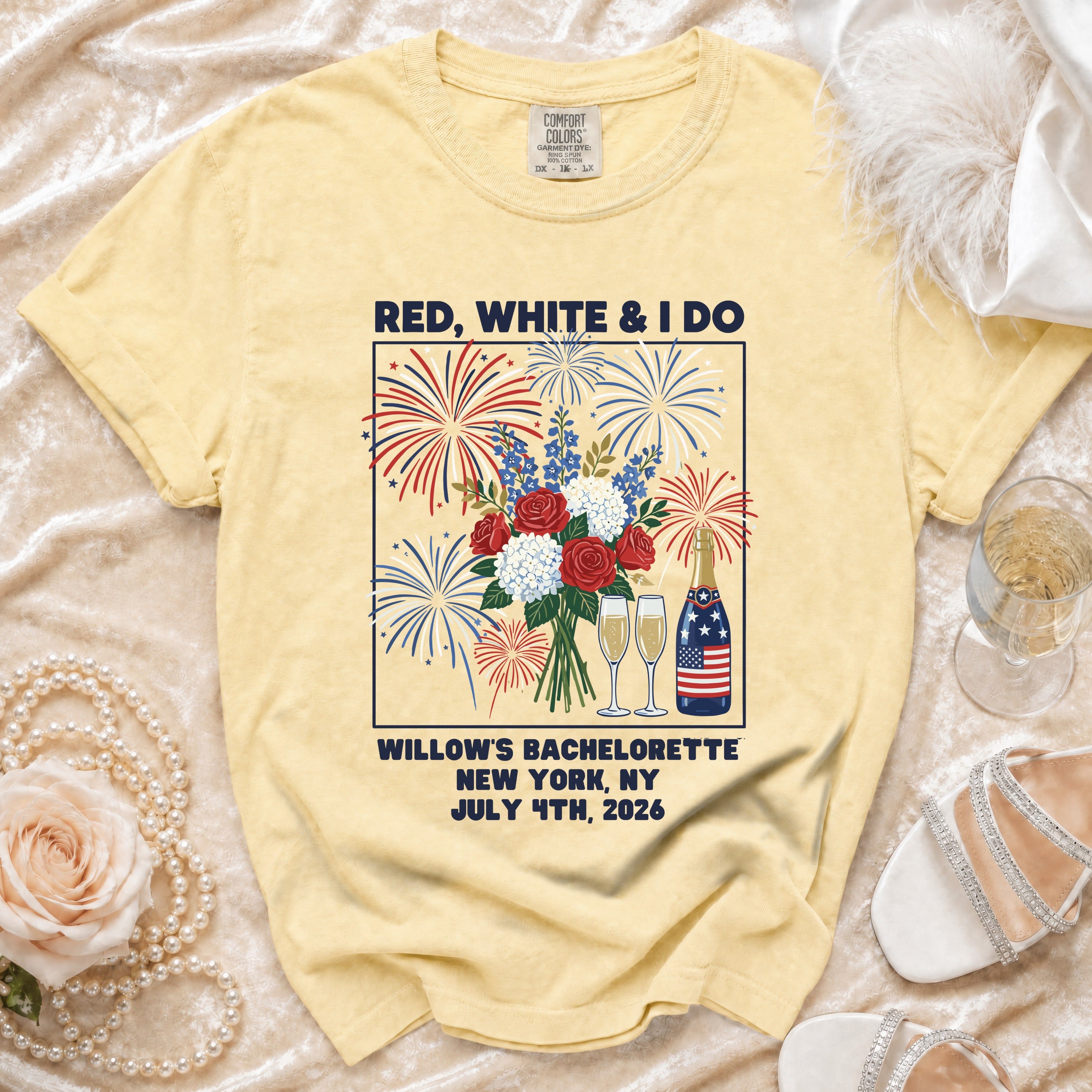 Yellow t-shirt with "Red, White & I Do" and bachelorette party details.