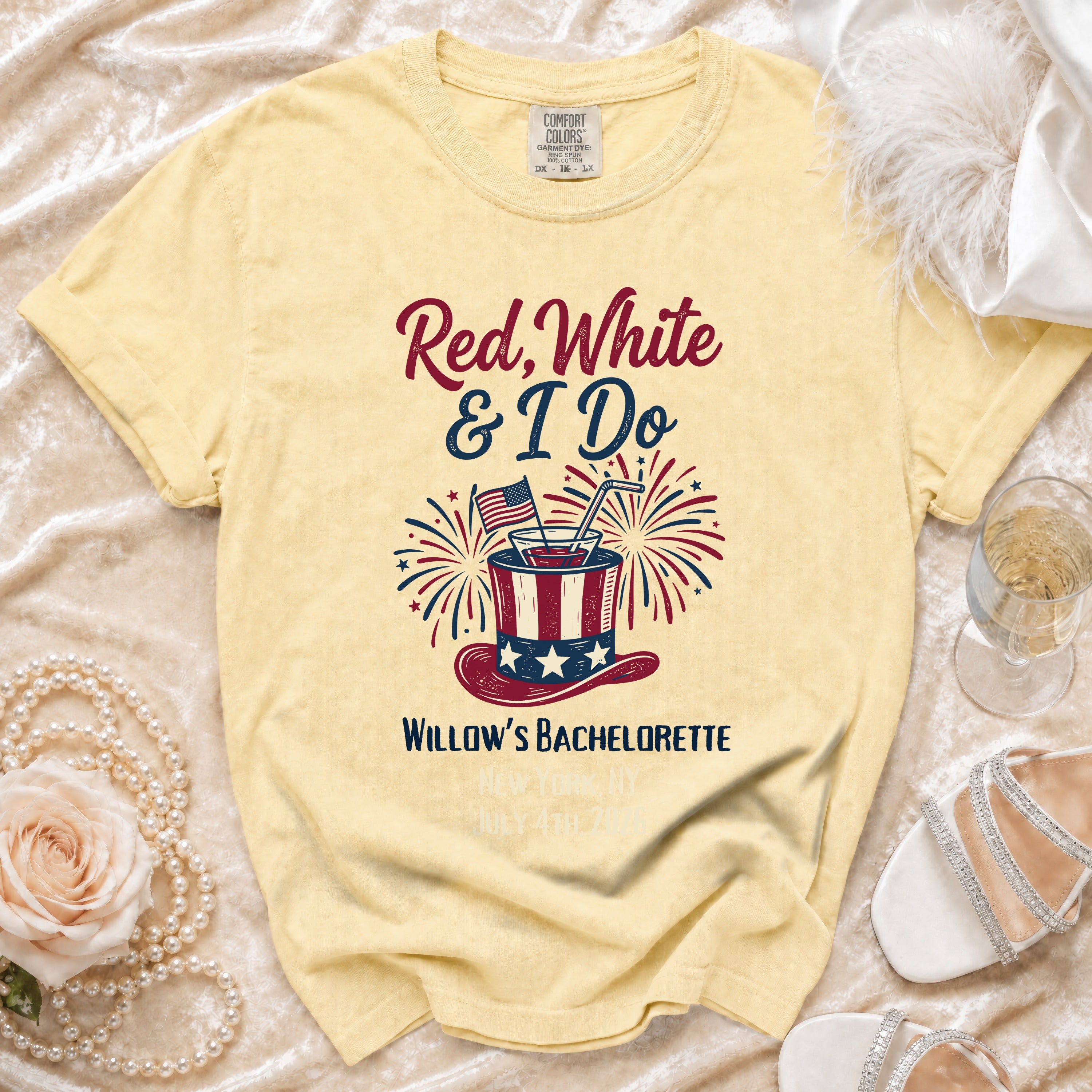 Yellow t-shirt with "Red, White & I Do" and bachelorette details.