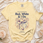 Yellow t-shirt with "Willow's Bachelorette Red, White & I Do Austin, TX July 4th, 2026" text.