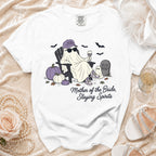 White t-shirt with a cartoon ghost wearing sunglasses and a "Mother of the Bride" hat, holding wine.