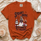 Orange t-shirt with "Spooky Bride 'Til Death Do Us Party Doomed to Marry" graphic.