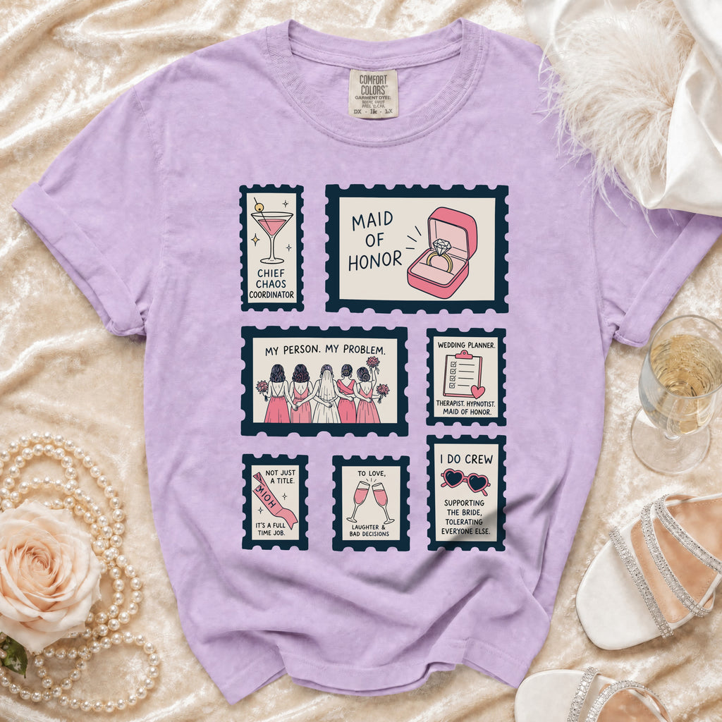 Lavender t-shirt with stamp-like graphics for bachelorette parties.