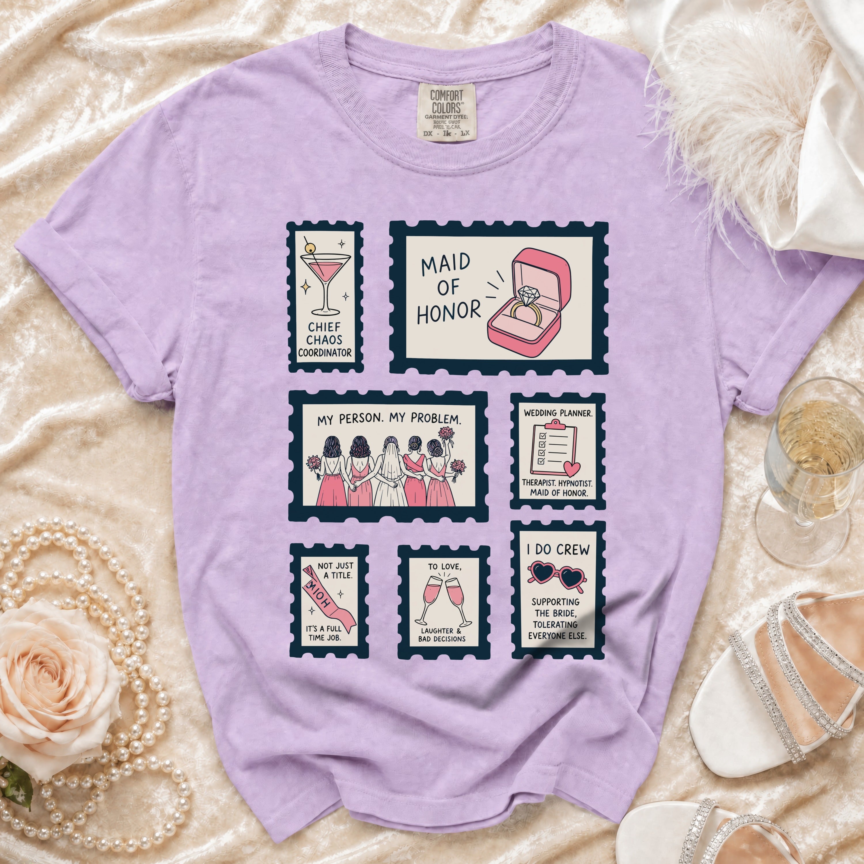 Lavender t-shirt with stamp-like graphics for bachelorette parties.